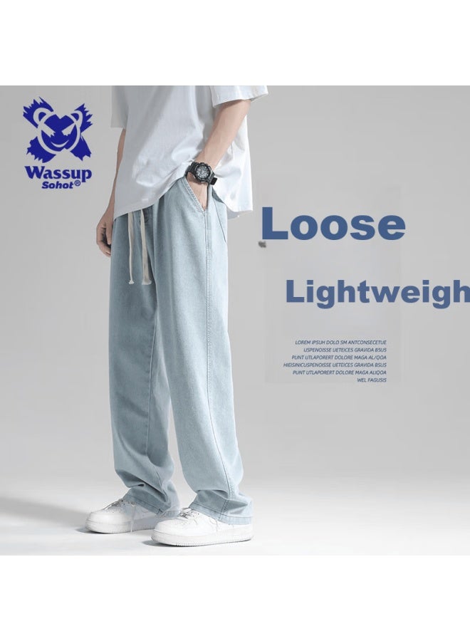 Wassup Sohot Men's Jeans Autumn Breathable Straight Loose Trendy Wide-leg Casual Pants Light Blue 2XL - Image 1