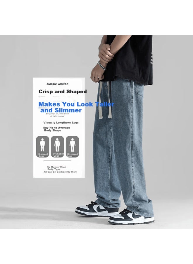Wassup Sohot Men's Jeans Autumn Breathable Straight Loose Trendy Wide-leg Casual Pants Light Blue 2XL - Image 4