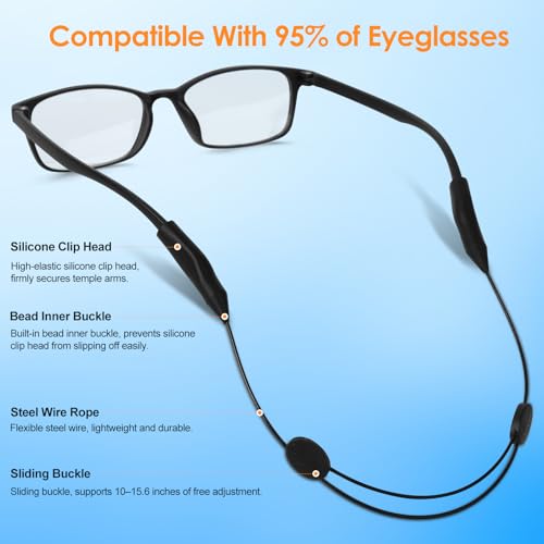 Coikcer 4 Pack Glasses Strap, Adjustable Sports Sunglasses Strap, No-Tail Anti-Slip Eyewear Retainer & Glasses Neck Cord, Steel Wire Reinforced for Running Fitness Work, Black - Image 5