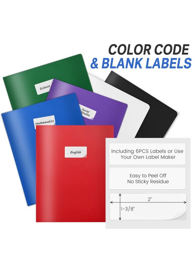 6 Pack 2Pocket Folders With Labels Heavy Duty Plastic Folders With Pockets Plastic Pocket Folders With Business Card Slot Letter Size Poly Two Pocket Folder Colored School Folders For Kids