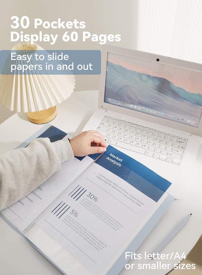 SortRax Pastel Binder with Clear Plastic Sleeves, 30 Pockets, Display 60 Pages, Portfolio Presentation Folders for Documents, Recipe, Art, Certificate, Letter/A4 Size, 1 Pack - Blue - Image 2