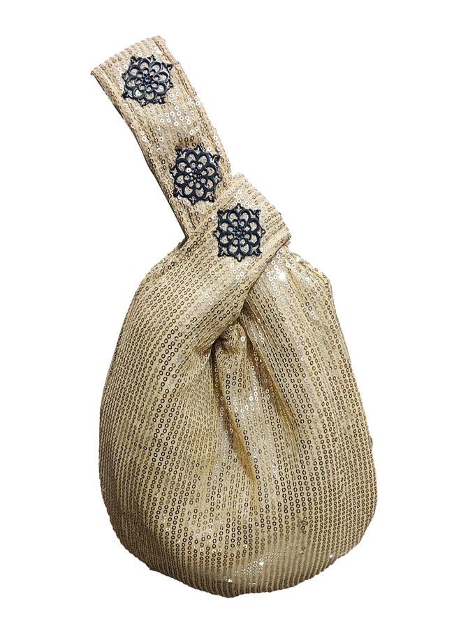 athizay Ethnic Handbags for Women Sequin work artisan potli bags Handcrafted Self Design (Golden,Black) - Image 1