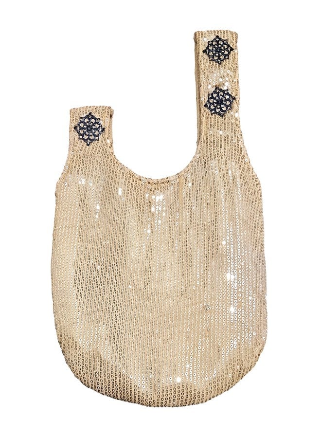 athizay Ethnic Handbags for Women Sequin work artisan potli bags Handcrafted Self Design (Golden,Black) - Image 2