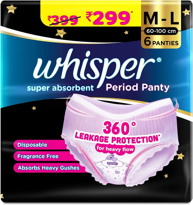 Super Absorbent Period Panty, 6 M-L Pants, 360 Degree Leakage Protection for Heavy Flow, Panty like Fit for Full back Coverage, Absorbs Heavy Gushes, Silky Soft, Comfortable Feel, Women - Image 1