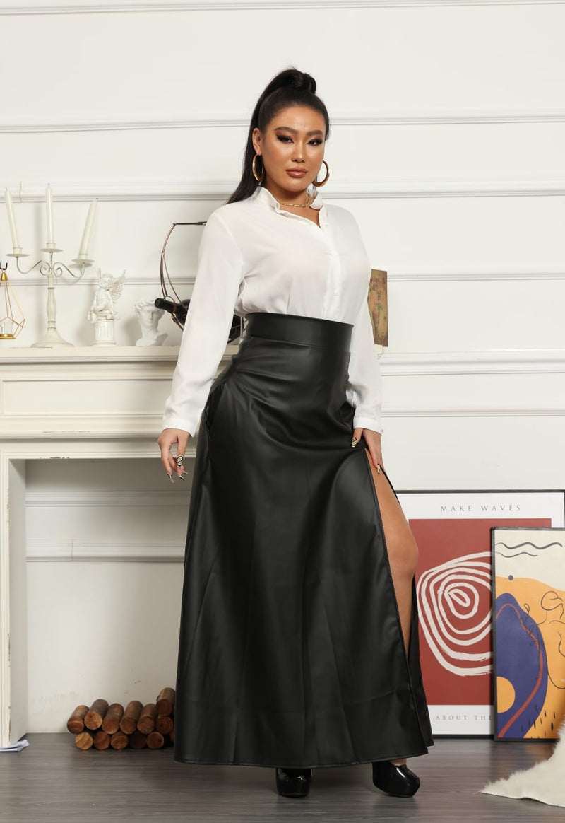 Lexiart Womens High Waisted Sexy Pu Leather Vintage High Split A-Line Swing Long Skirt Black L - Image 5