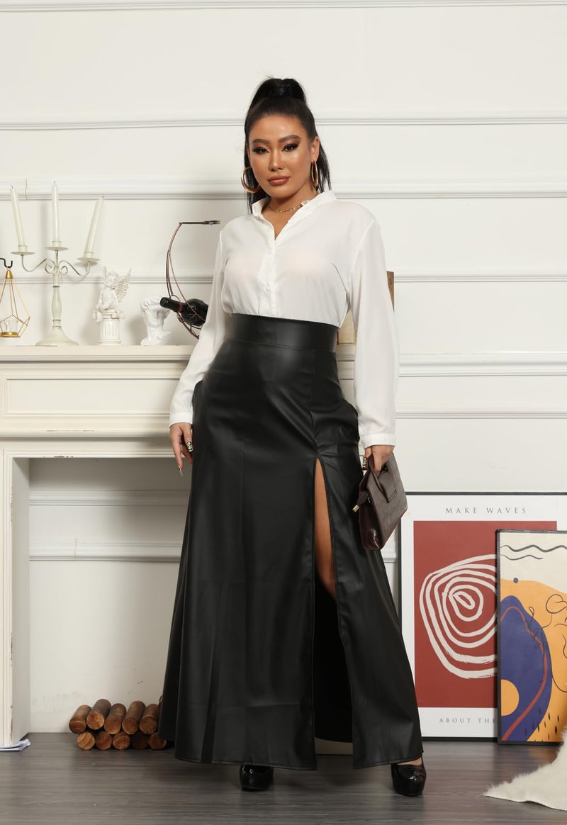 Lexiart Womens High Waisted Sexy Pu Leather Vintage High Split A-Line Swing Long Skirt Black L - Image 4