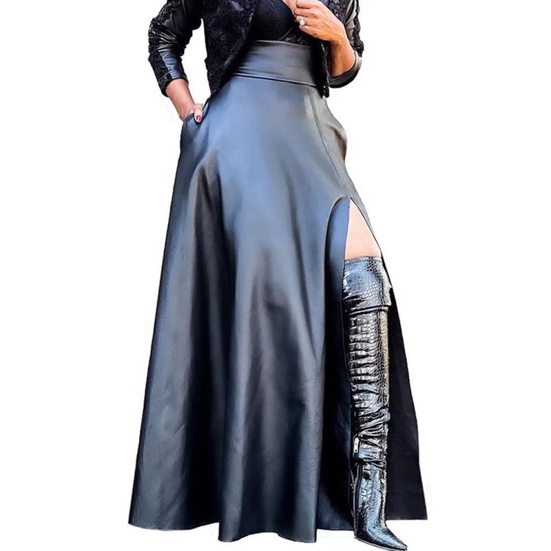 Lexiart Womens High Waisted Sexy Pu Leather Vintage High Split A-Line Swing Long Skirt Black L - Image 2