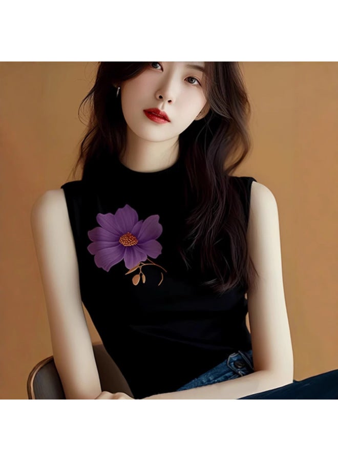 European Style Black Half High Collar Sleeveless Knit Top Minimalist Slim Top