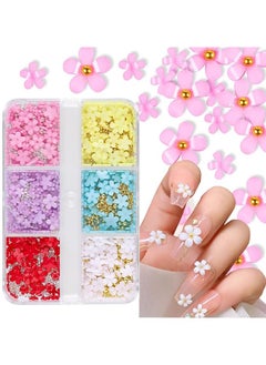 3D Flower Nail Charms for Acrylic Nails, 6 Grids Nail Flowers Rhinestone White Pink Blue Cherry Blossom Acrylic Nail Art Supplies with Pearls Manicure DIY Nail Decorations