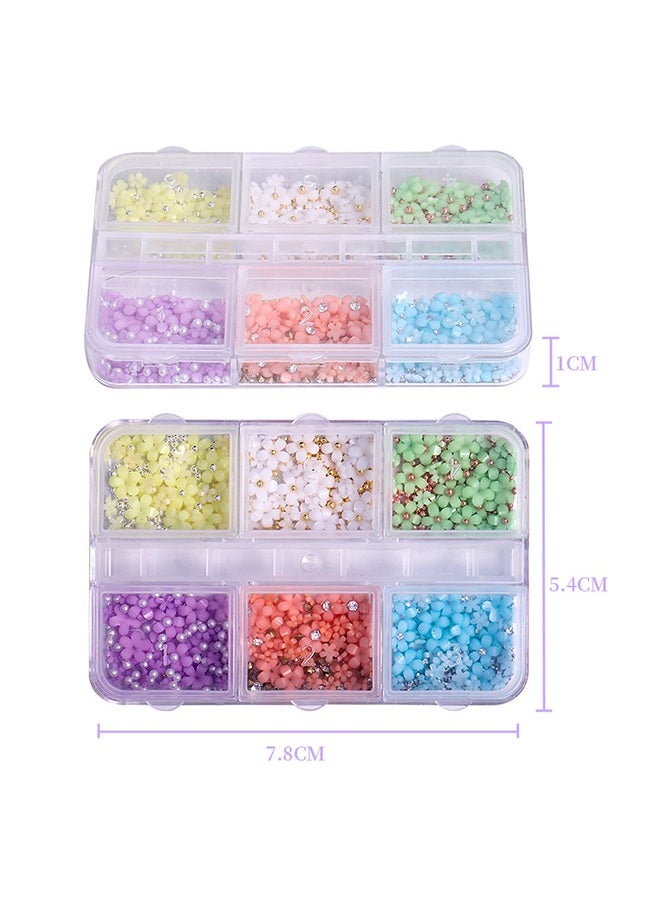 Generic - 3D Flower Nail Charms for Acrylic Nails, 6 Grids Nail Flowers Rhinestone White Pink Blue Cherry Blossom Acrylic Nail Art Supplies with Pearls Manicure DIY Nail Decorations - Image 1
