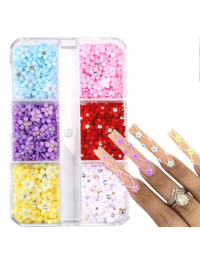 Generic - 3D Flower Nail Charms for Acrylic Nails, 6 Grids Nail Flowers Rhinestone White Pink Blue Cherry Blossom Acrylic Nail Art Supplies with Pearls Manicure DIY Nail Decorations - Image 1