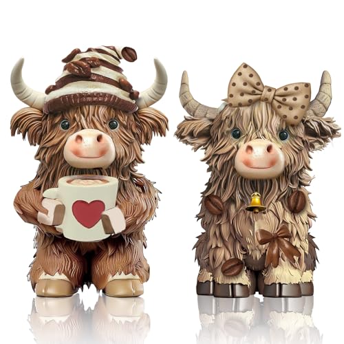 Burbell 2 Pack Highland Cow Resin Figurine Decor Coffee Theme Highland Cow Gnomes Starfish Resin Statue for Garden Table Shelf Kitchen Home Coffee Bar Decor Calf Gnome Herd Gifts - Image 1