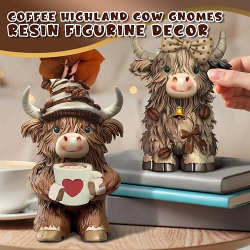 Burbell 2 Pack Highland Cow Resin Figurine Decor Coffee Theme Highland Cow Gnomes Starfish Resin Statue for Garden Table Shelf Kitchen Home Coffee Bar Decor Calf Gnome Herd Gifts - Image 3
