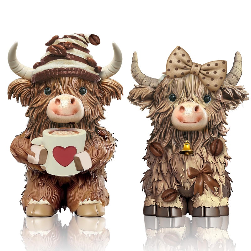 Burbell 2 Pack Highland Cow Resin Figurine Decor Coffee Theme Highland Cow Gnomes Starfish Resin Statue for Garden Table Shelf Kitchen Home Coffee Bar Decor Calf Gnome Herd Gifts - Image 2