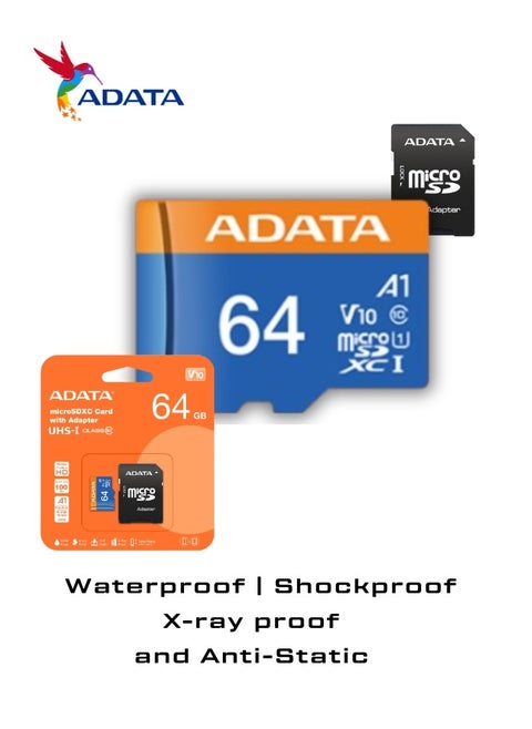 Premier 64GB Memory Card MicroSDHC/SDXC UHS-I Class 10 V10 A1 with Adapter | Waterproof, Shockproof, X-ray proof, and Anti-static