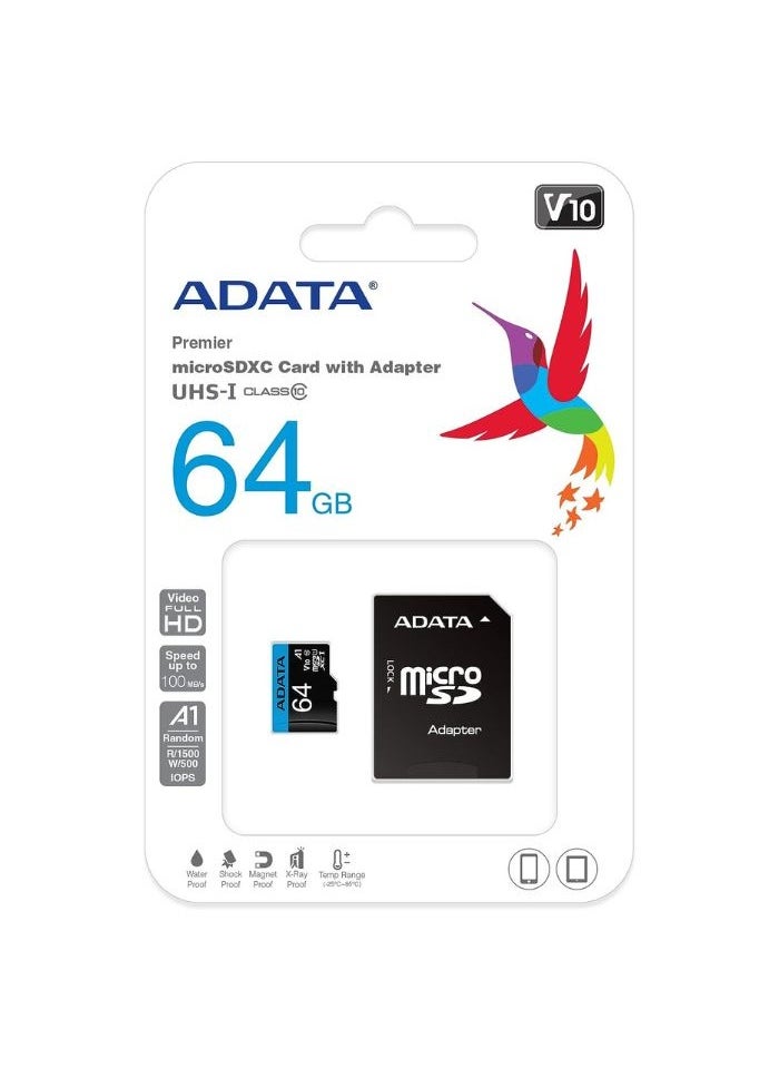 ADATA - Premier 64GB Memory Card MicroSDHC/SDXC UHS-I Class 10 V10 A1 with Adapter | Waterproof, Shockproof, X-ray proof, and Anti-static - Image 1