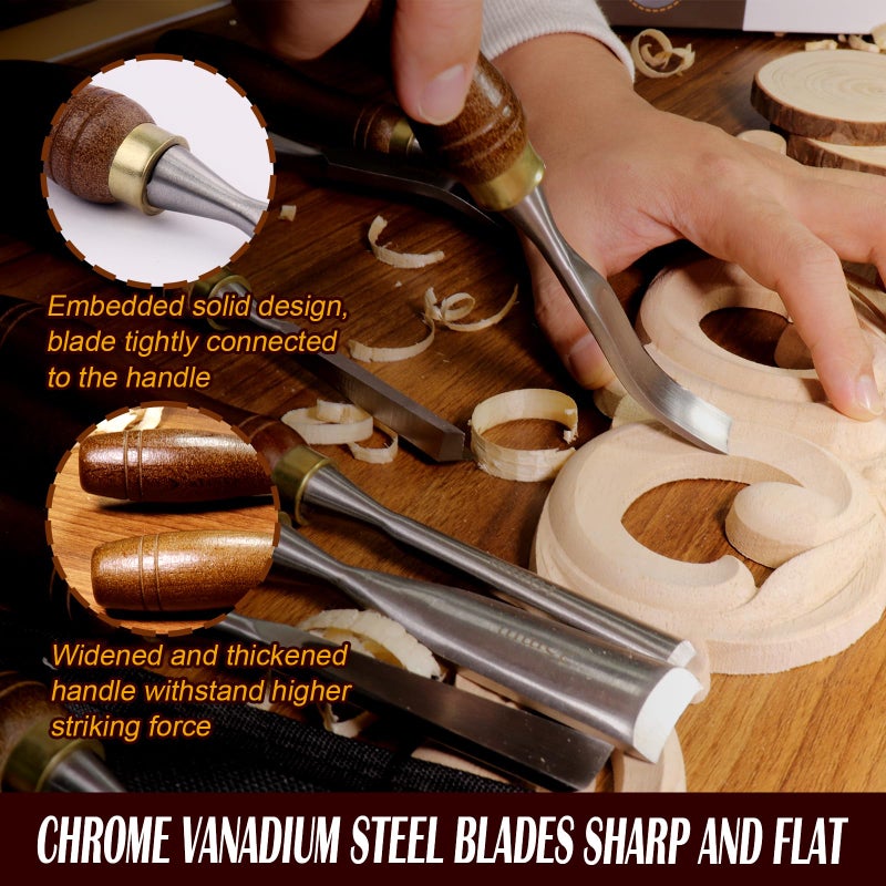 LWCUSNJ 12-Piece Wood Carving Chisel Set - CR-V 60 Steel Multi-Shape Edge Gouges Carving tool for Woodworking Beginners and Professionals with Storage Case - Image 4