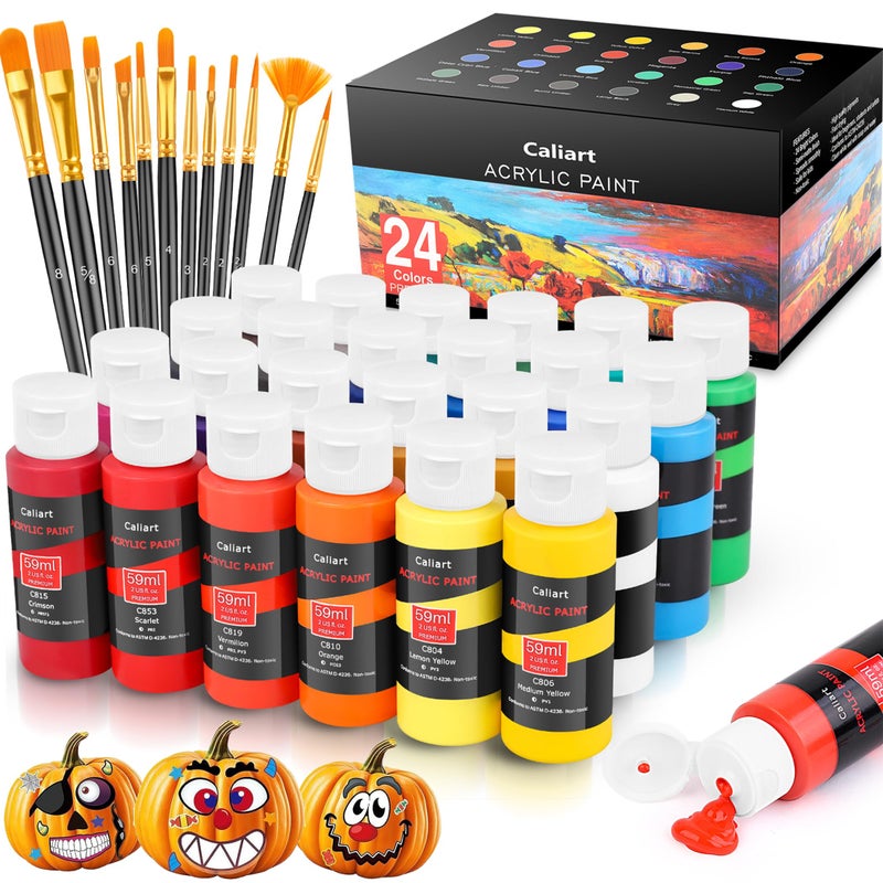 Caliart 24 Colors Acrylic Paint Set With 12 Brushes, Easter Basket Stuffers for Teens, Art Craft Paints Gifts Trendy Stuff for Artists Kids Teen, Canvas Ceramic Rock Eggs Painting Kit Art Supplies - Image 1
