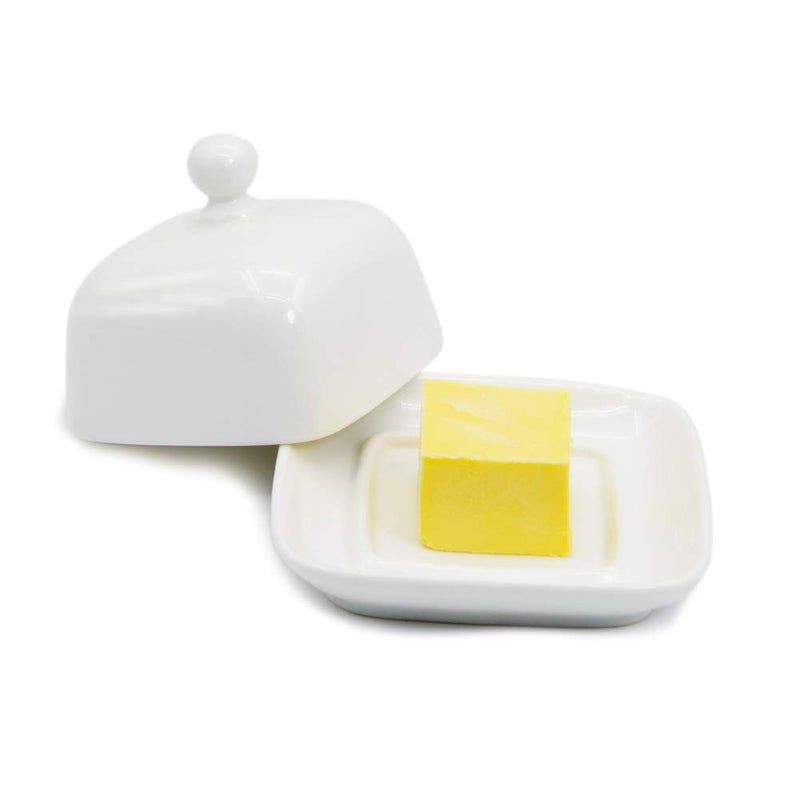 NAGU Mini Square Butter Dish with Lid White Procelain Domed Cheese Dish with Handle Individual Serving Small Butter Tray Cute Ceramic Dessert Serving Bowl for Table Countertop Refrigerator