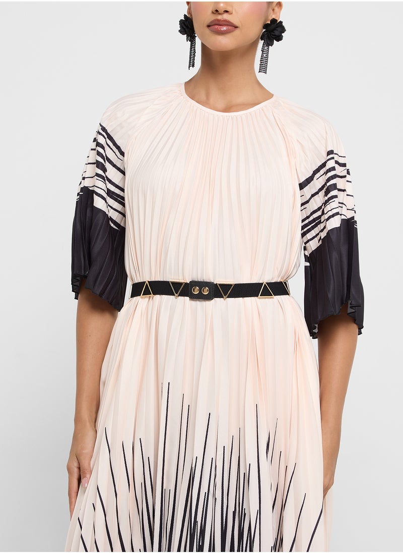 Khizana - Monotone Printed Dress With Pleats - Image 1