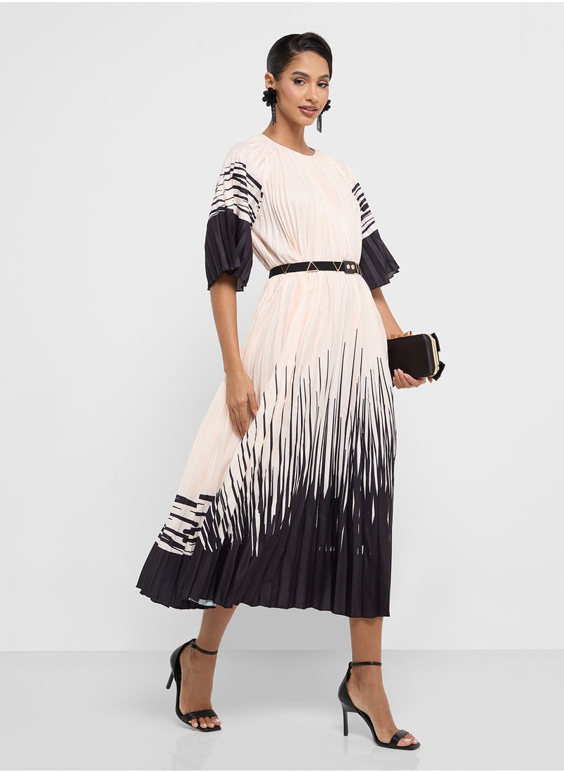Khizana - Monotone Printed Dress With Pleats - Image 1