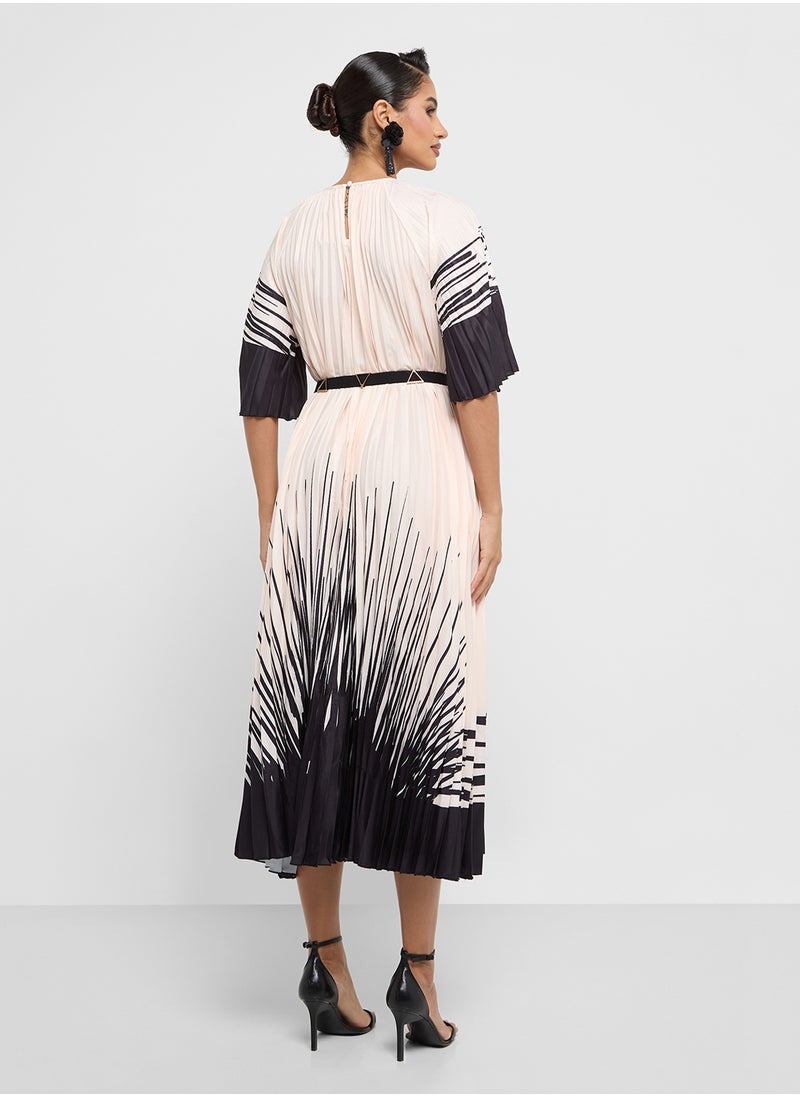 Khizana - Monotone Printed Dress With Pleats - Image 1