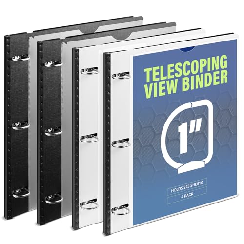 WOT I 1 Inch Telescoping 3 Ring Binder 4 Pack, Expandable Flexible Binder with Customizable Front Cover & Clear Catalog Pocket, Holds 225 Sheets, School Office Supplies, Black+White - Image 1