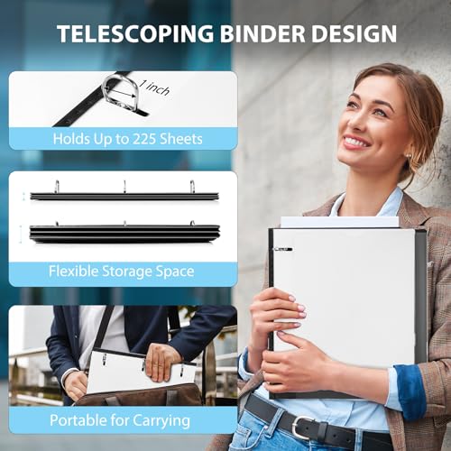 WOT I 1 Inch Telescoping 3 Ring Binder 4 Pack, Expandable Flexible Binder with Customizable Front Cover & Clear Catalog Pocket, Holds 225 Sheets, School Office Supplies, Black+White - Image 2