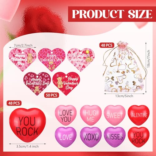 Arrowbash 48 Sets Valentines Day Stress Balls Gifts Bulk Valentines Day Gifts for Kids 15 Inch Red Hearts Shaped Stress Balls with Cards Organza Bags for Valentine Classroom Exchange Party Favors - Image 5