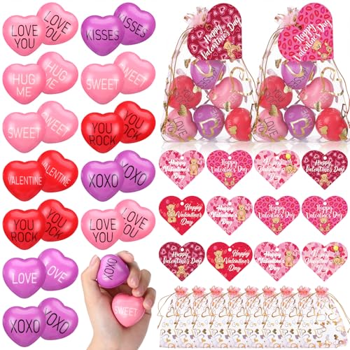Arrowbash 48 Sets Valentines Day Stress Balls Gifts Bulk Valentines Day Gifts for Kids 15 Inch Red Hearts Shaped Stress Balls with Cards Organza Bags for Valentine Classroom Exchange Party Favors - Image 1