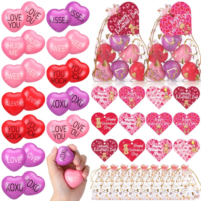 Arrowbash 48 Sets Valentines Day Stress Balls Gifts Bulk Valentines Day Gifts for Kids 15 Inch Red Hearts Shaped Stress Balls with Cards Organza Bags for Valentine Classroom Exchange Party Favors - Image 3