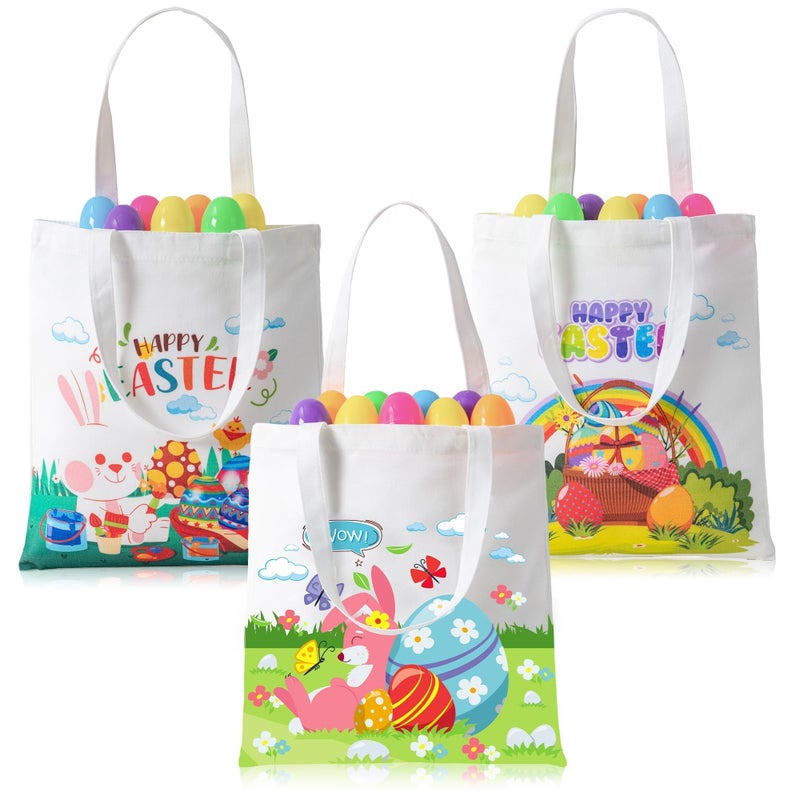 Kiddelo 3 Pack Large Easter Canvas Tote Bags with Handles, Easter Treat Basket Gift Bags for Kids, Baskets Buckets for Egg Hunt Reusable Adults Party Favors and Decorations - Image 1