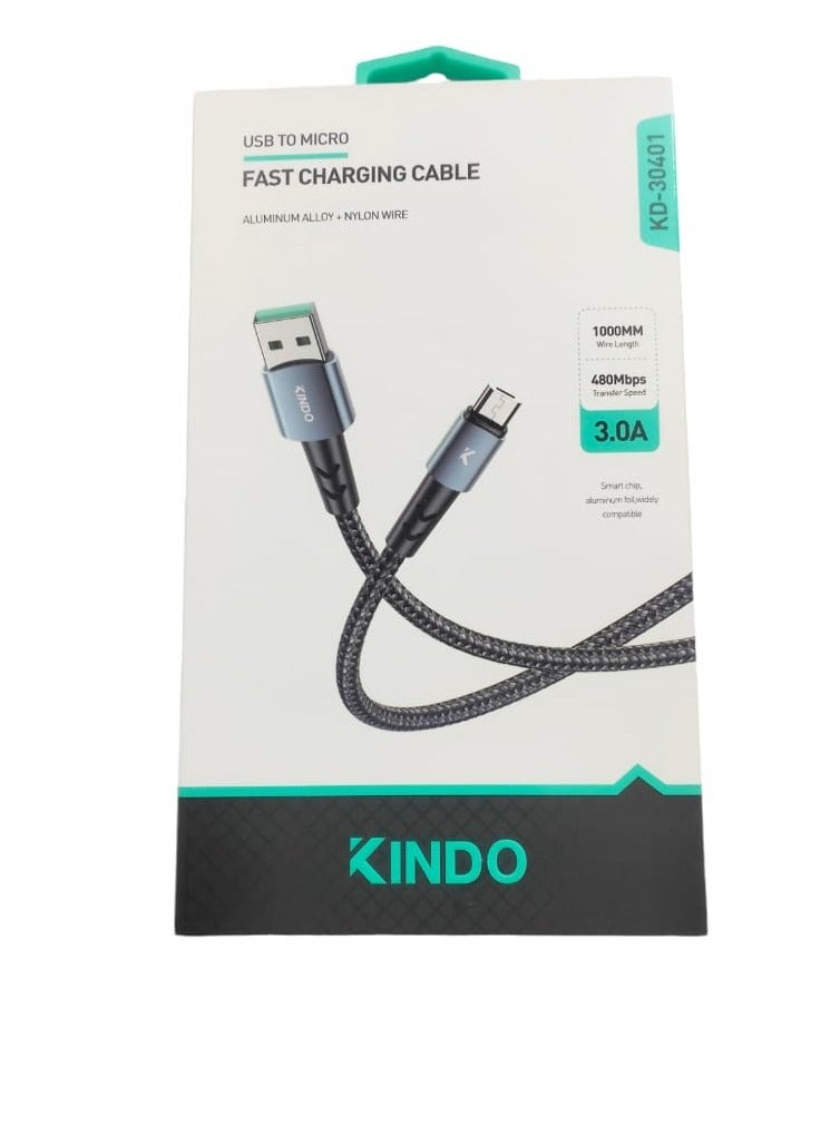 كيندو كابل USB إلى Micro 3.0A سلك شحن سريع مجدول من النايلون. 1000 مللي متر/480 ميجابت في الثانية - Image 1