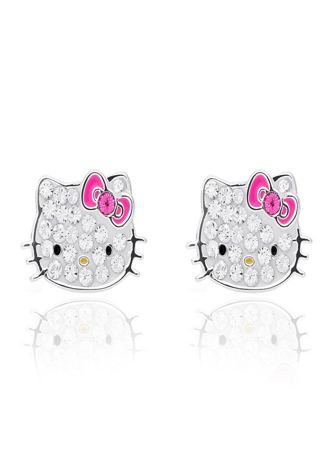 Hello Kitty Sanrio Hello Kitty Womens Clear Crystal Stud Earrings - Silver Plated Hello Kitty Earrings Officially Licensed - Image 1