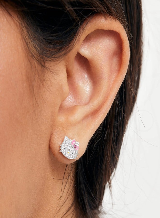 Hello Kitty Sanrio Hello Kitty Womens Clear Crystal Stud Earrings - Silver Plated Hello Kitty Earrings Officially Licensed - Image 3