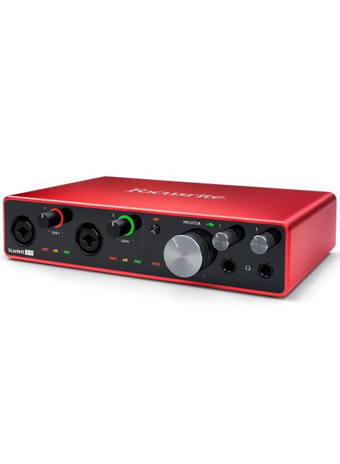 USB 2.0 Audio Interface, 8-in/6-out, 24-bit/192kHz, with 2 Mic/Instrument Inputs, Switchable Air Mode, 4 Line Inputs/Outputs, MIDI and S/PDIF I/O, 12V Power Supply, and Bundled Software