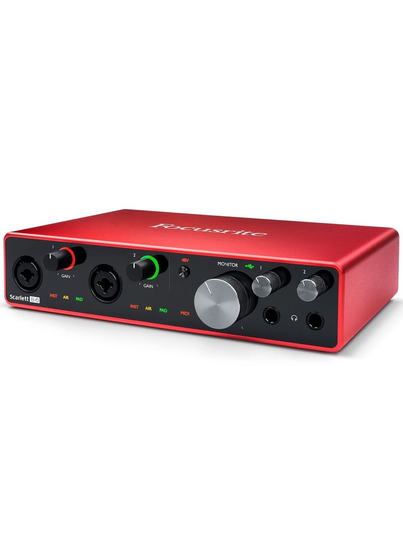 USB 2.0 Audio Interface, 8-in/6-out, 24-bit/192kHz, with 2 Mic/Instrument Inputs, Switchable Air Mode, 4 Line Inputs/Outputs, MIDI and S/PDIF I/O, 12V Power Supply, and Bundled Software