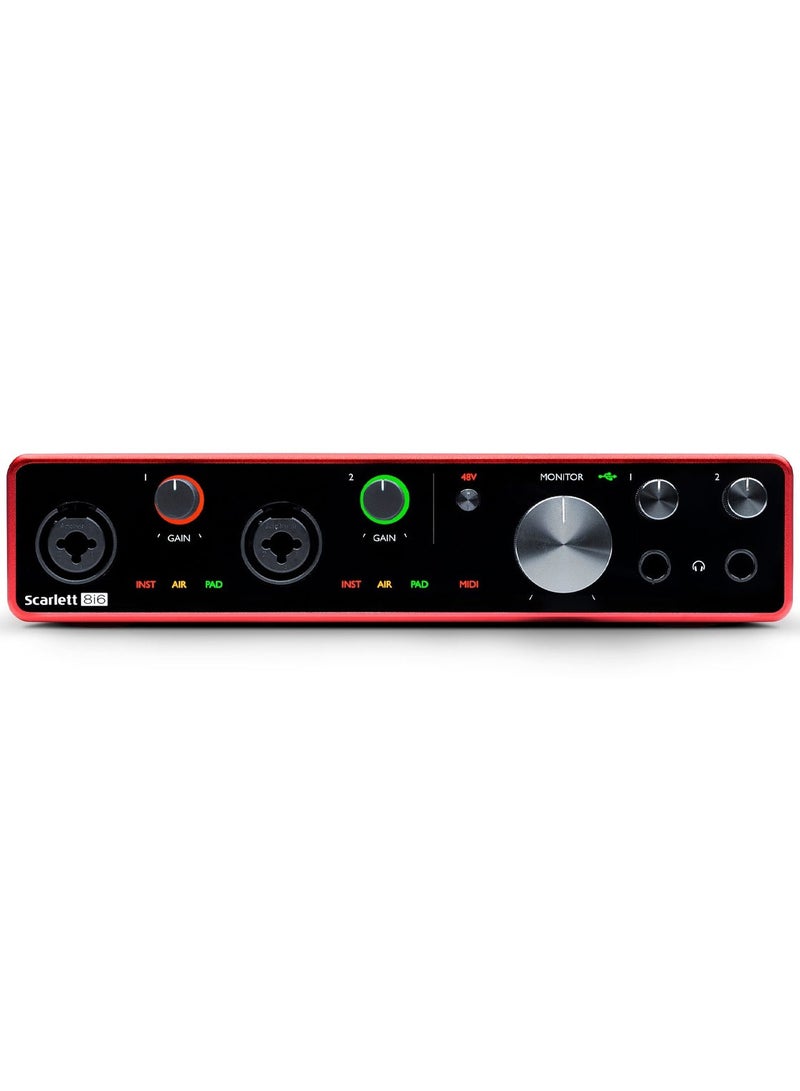 USB 2.0 Audio Interface, 8-in/6-out, 24-bit/192kHz, with 2 Mic/Instrument Inputs, Switchable Air Mode, 4 Line Inputs/Outputs, MIDI and S/PDIF I/O, 12V Power Supply, and Bundled Software