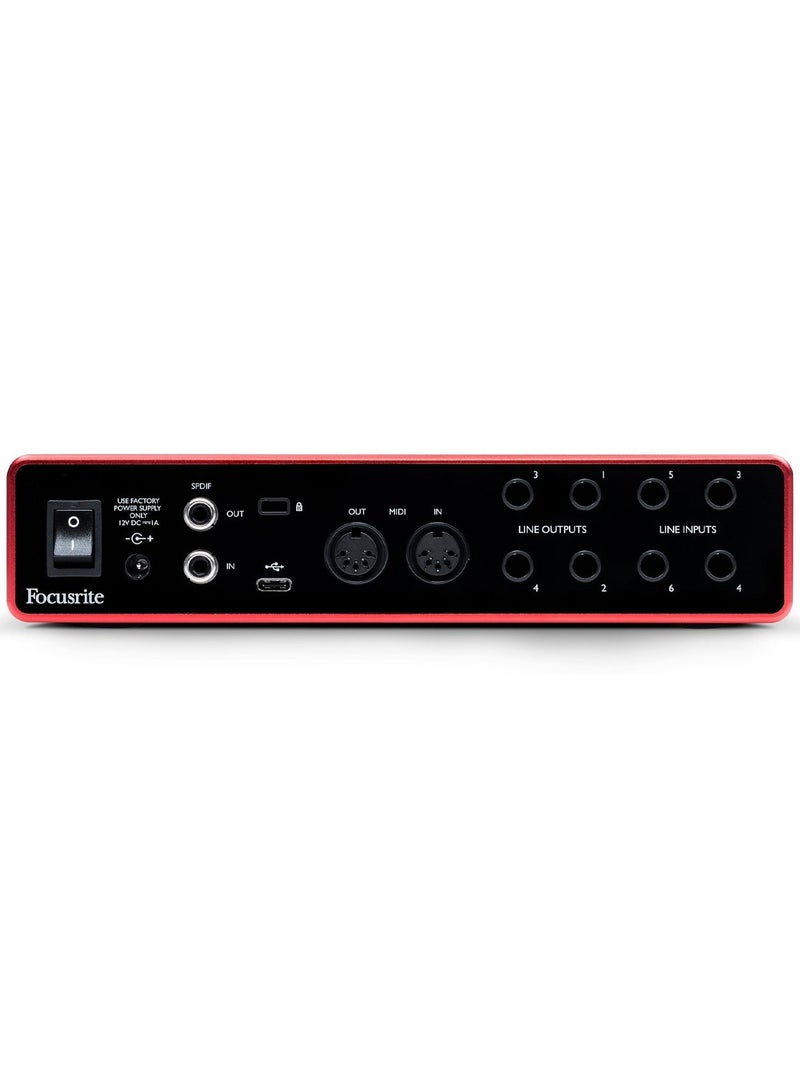 USB 2.0 Audio Interface, 8-in/6-out, 24-bit/192kHz, with 2 Mic/Instrument Inputs, Switchable Air Mode, 4 Line Inputs/Outputs, MIDI and S/PDIF I/O, 12V Power Supply, and Bundled Software