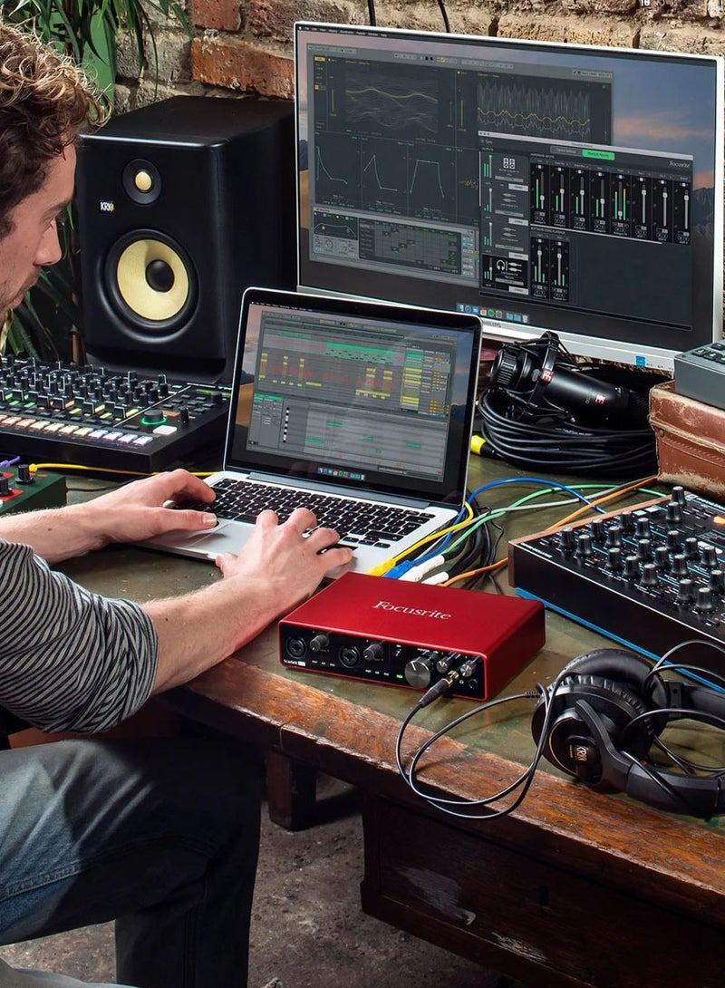 USB 2.0 Audio Interface, 8-in/6-out, 24-bit/192kHz, with 2 Mic/Instrument Inputs, Switchable Air Mode, 4 Line Inputs/Outputs, MIDI and S/PDIF I/O, 12V Power Supply, and Bundled Software