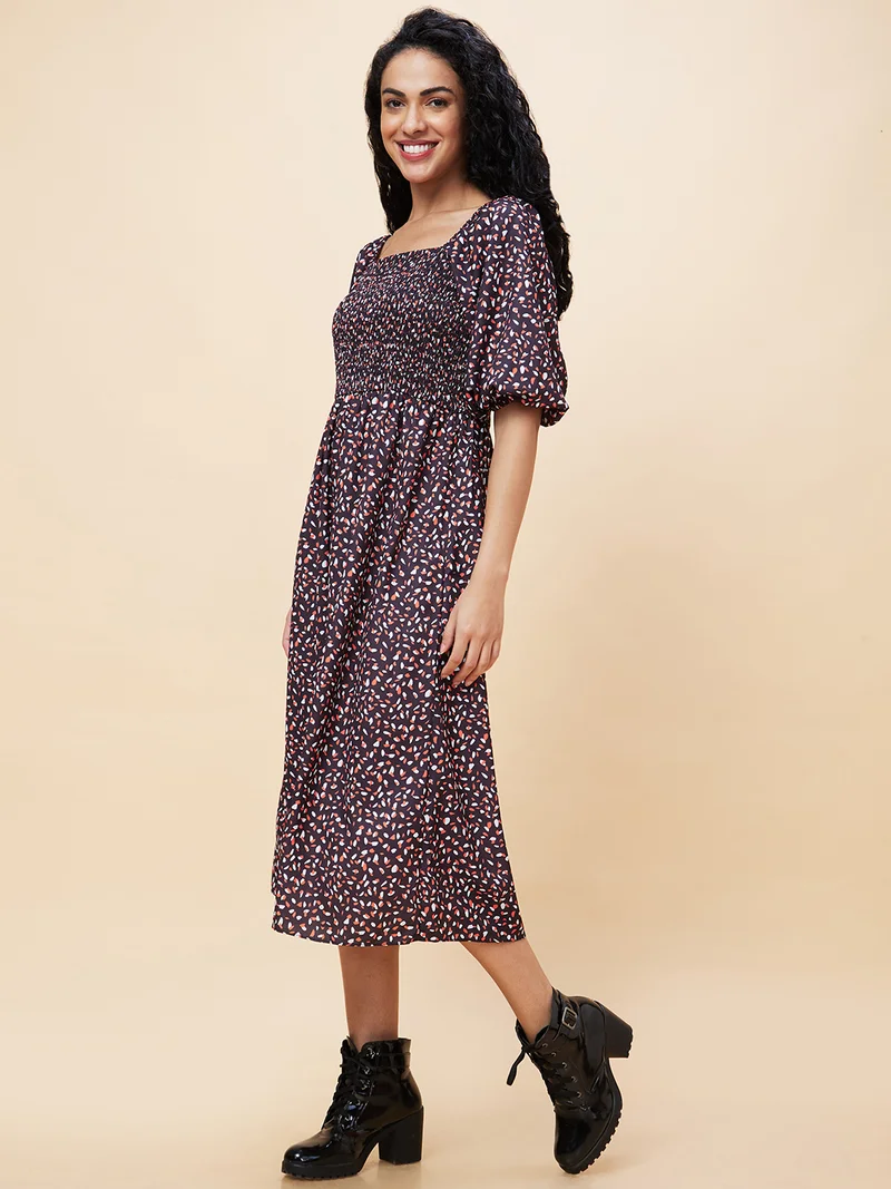 globus Women Black Abstract Printed Square Neck Smocked Fit And Flare Midi Dress