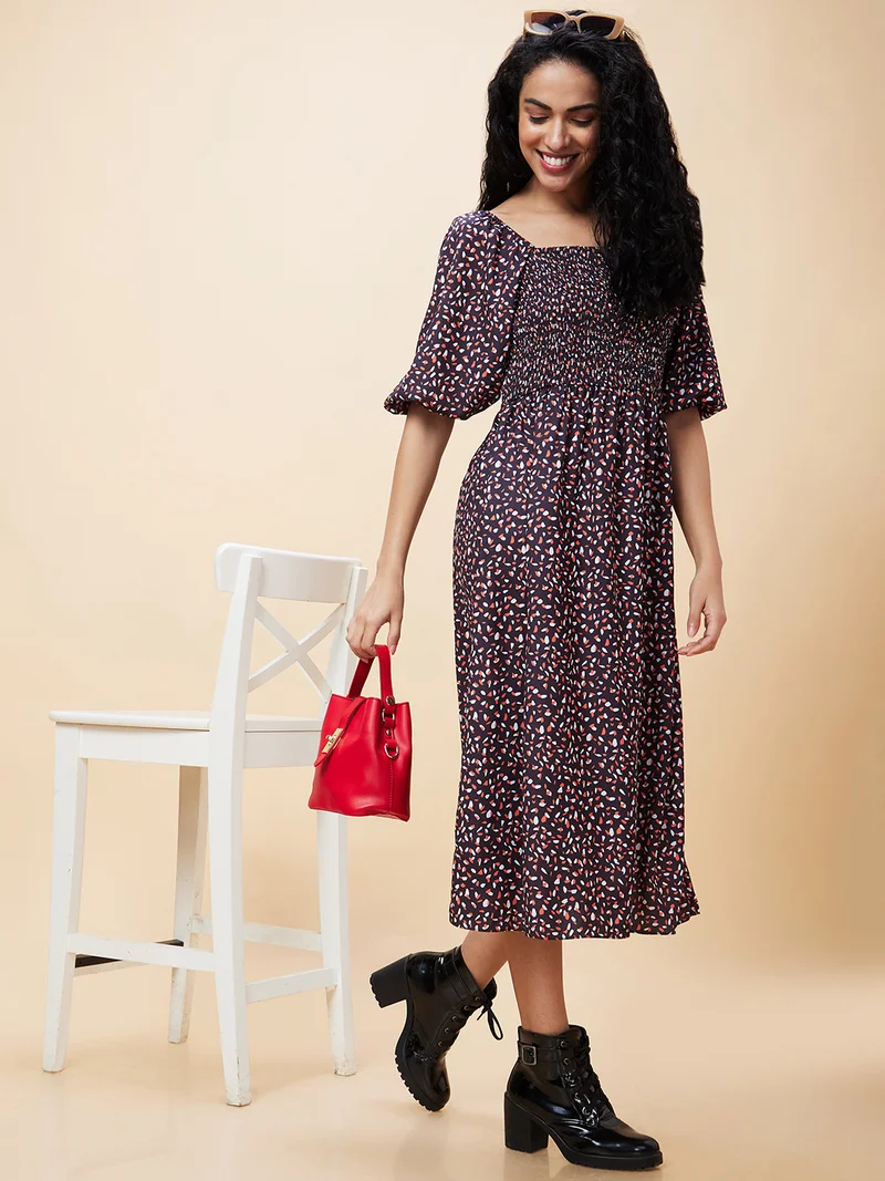 globus Women Black Abstract Printed Square Neck Smocked Fit And Flare Midi Dress