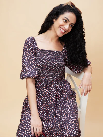 globus Women Black Abstract Printed Square Neck Smocked Fit And Flare Midi Dress