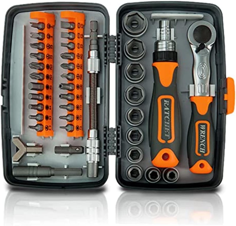 SHOWAY 38 in 1 Sturdy Ratchet Wrench Set, Mini Multi-Function Screwdriver Set, Easy Carry Socket Set, Hardware Tool Combination Screwdriver Tool Box, SRWRE01-OG - Image 1