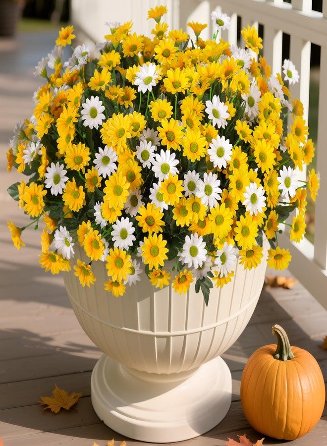 Ammyoo Fake Mums Artificial Flowers for Outdoor Decoration, 6 Bundles Faux Silk Daisy Flowers Realistic UV Resistant No Fade Fake Plants for Home Patio Porch Garden Window Box Decor(Yellow White) - Image 1