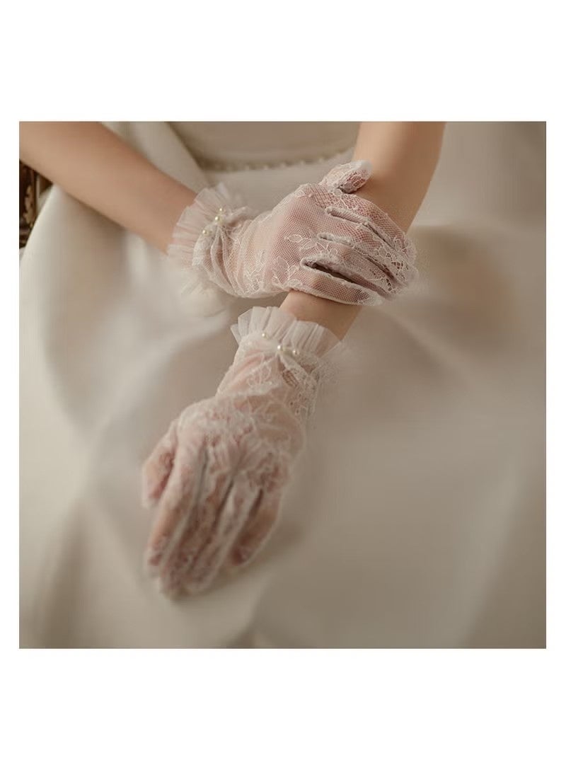 Women's Lace Gloves - Elegant Short Lace Net Gloves for Bridal Wear - Sheer Delicate Lace Pearl Gloves for Weddings, Formal Events, Tea Parties, Opera, for Bridal Gowns (Off-white) - Image 4