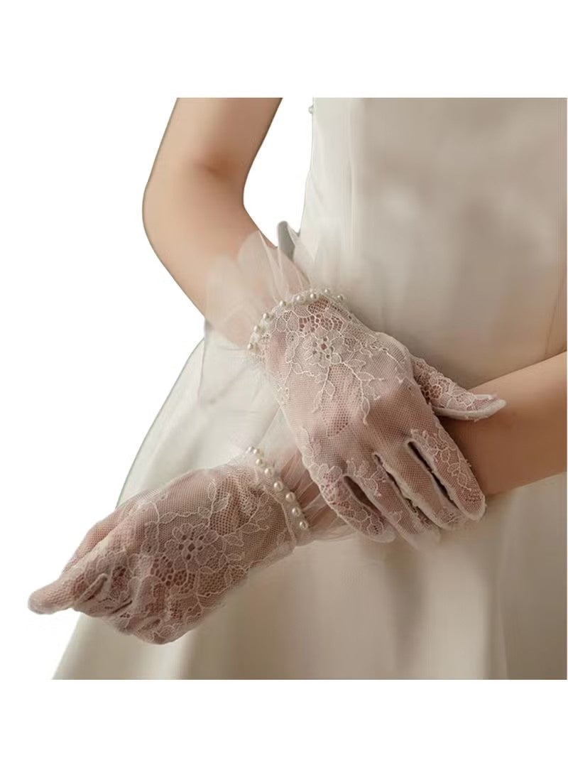 Women's Lace Gloves - Elegant Short Lace Net Gloves for Bridal Wear - Sheer Delicate Lace Pearl Gloves for Weddings, Formal Events, Tea Parties, Opera, for Bridal Gowns (Off-white) - Image 1