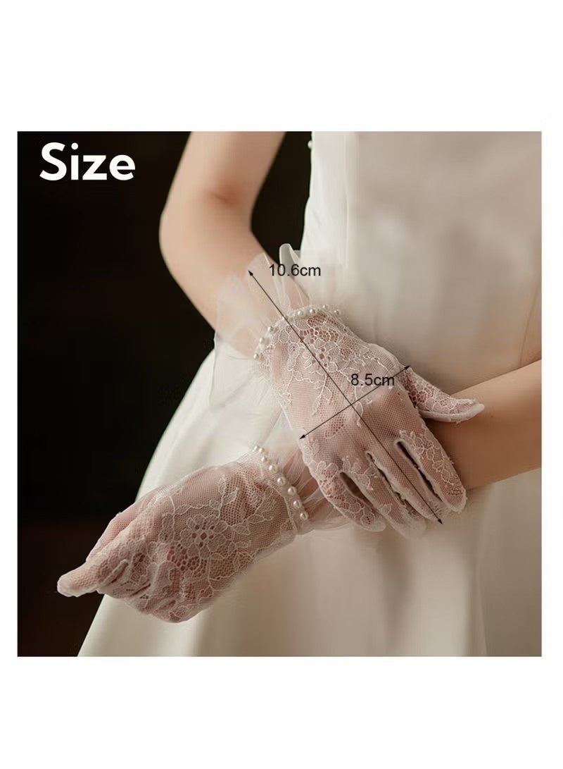Women's Lace Gloves - Elegant Short Lace Net Gloves for Bridal Wear - Sheer Delicate Lace Pearl Gloves for Weddings, Formal Events, Tea Parties, Opera, for Bridal Gowns (Off-white) - Image 3