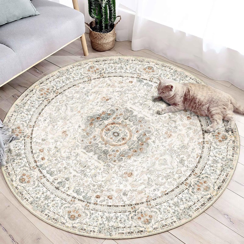 Castage Boho Round Rug 4ft Washable Circle Area Rugs for Bedroom Bathroom Entryway Beige Vintage Bohemian Distressed Oriental Floral Carpet Non Slip - Image 2