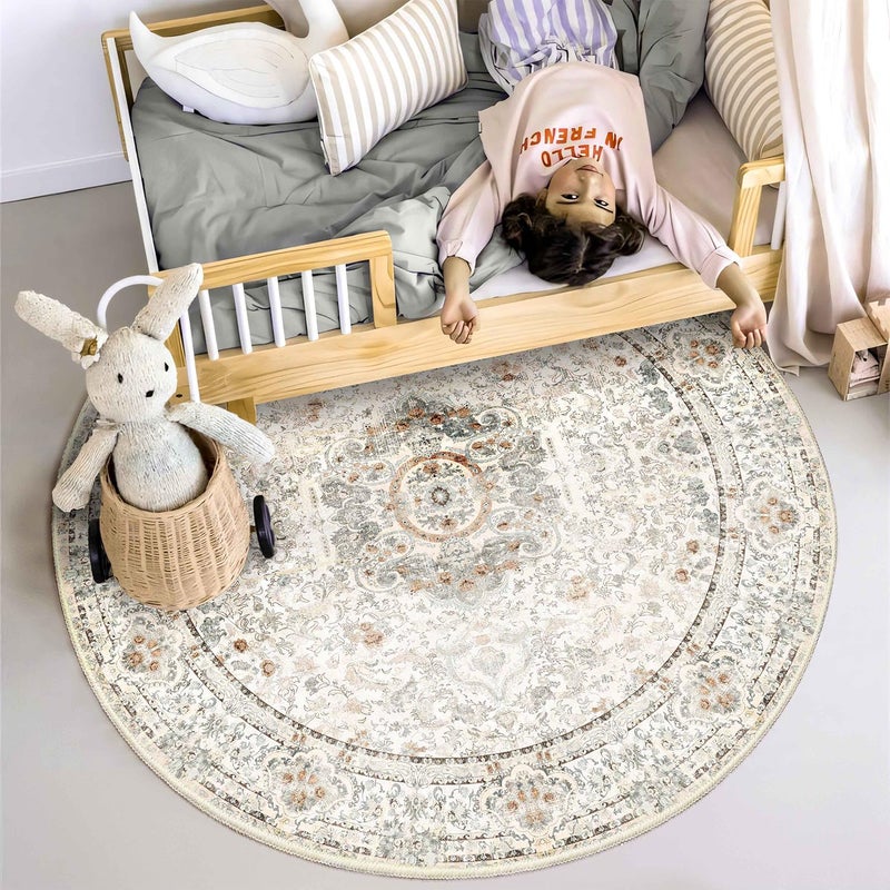 Castage Boho Round Rug 4ft Washable Circle Area Rugs for Bedroom Bathroom Entryway Beige Vintage Bohemian Distressed Oriental Floral Carpet Non Slip - Image 3
